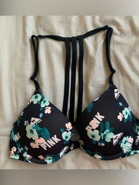 PINK Victoria's Secret Black Floral Strappy Back Push-Up Bra